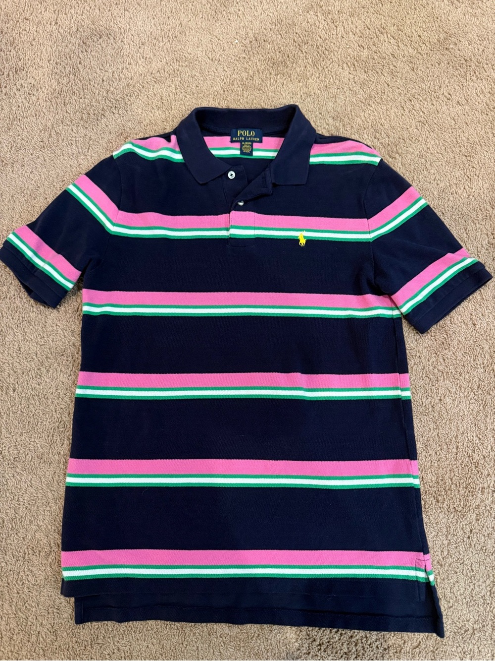 Polo by Ralph Lauren Navy Polo with Pink, Green & White Stripes